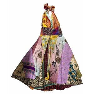 JackPot New York Halter Maxi Dress Boho Silk Festival Patchwork Floral Fairy M/L
